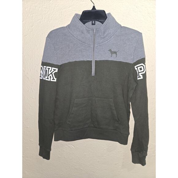 PINK Victoria Secret ARMY GREEN/GRAY HALF-ZIP LONG SLEEVE Jacket, SIZE Small - Picture 1 of 4